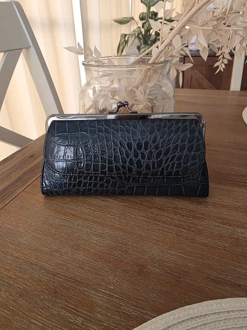 Navy Blue Croc-Embossed Kiss-Lock Clutch